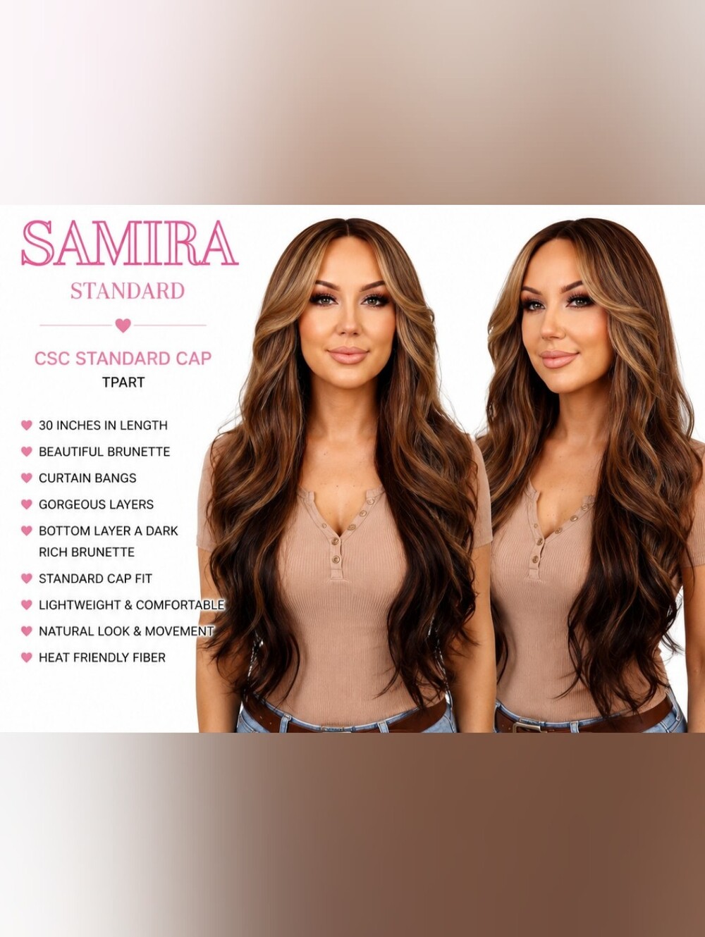 Samira Standard Brunette Long Layered Wig with Curtain Bangs